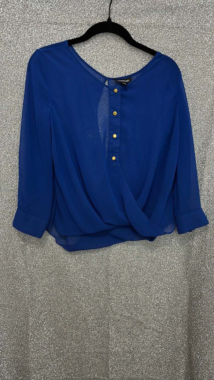 bebe Cobalt Blue Chiffon Twist-Front Blouse with Gold Buttons